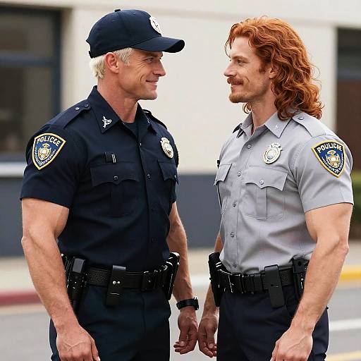 Muscular Police Couple Face-to-Face