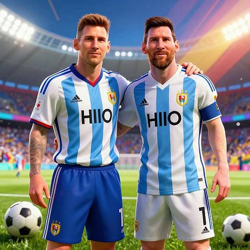 Photograph of two male soccer players in blue and white Argentina jerseys, standing on a field with stadium lights and fans in the background, arms around each