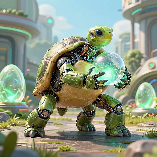 CGI image of a robotic turtle holding a glowing green orb, standing on a futuristic city street with glowing buildings.