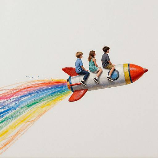 Colorful cartoon rocket with three children flying; red nose, white body, rainbow exhaust; white background; kids in casual clothes.