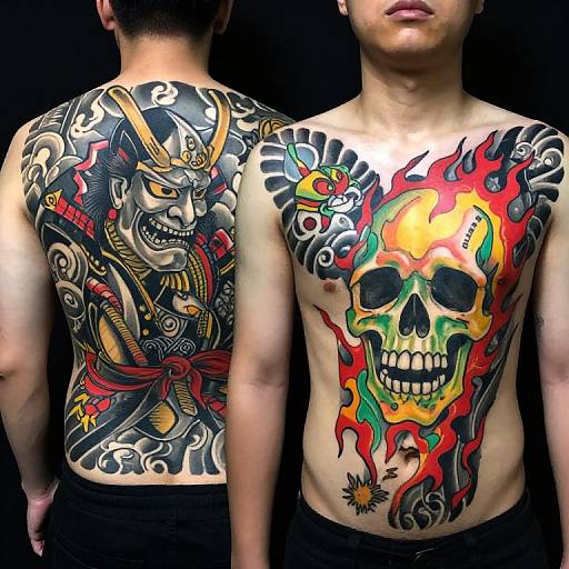 Photograph of two Asian men with vibrant, colorful tattoos: one back tattoo of a fierce mask, the other chest tattoo of a skull with flames and