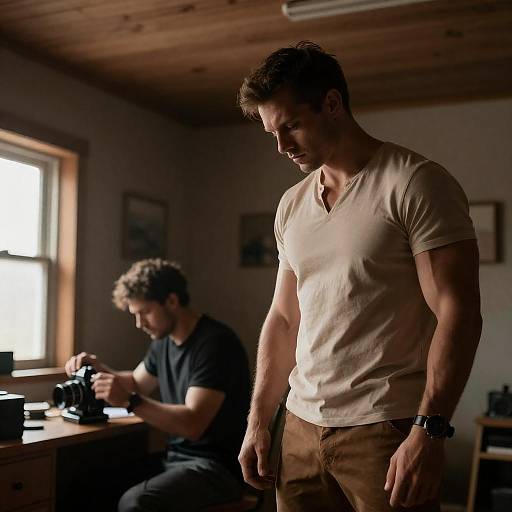 Dimly Lit Wooden Room, Focused Man