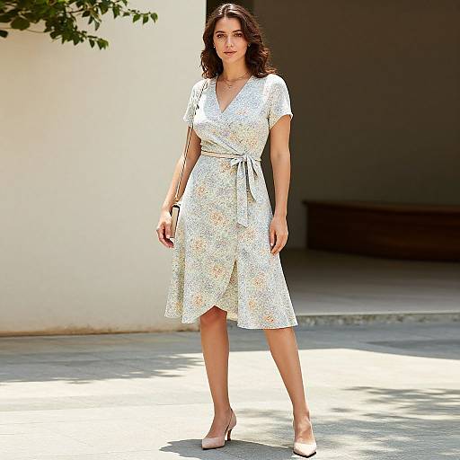 Photograph of a curly-haired woman in a white floral dress with a belted waist, standing outdoors in sunlight, wearing beige heels.