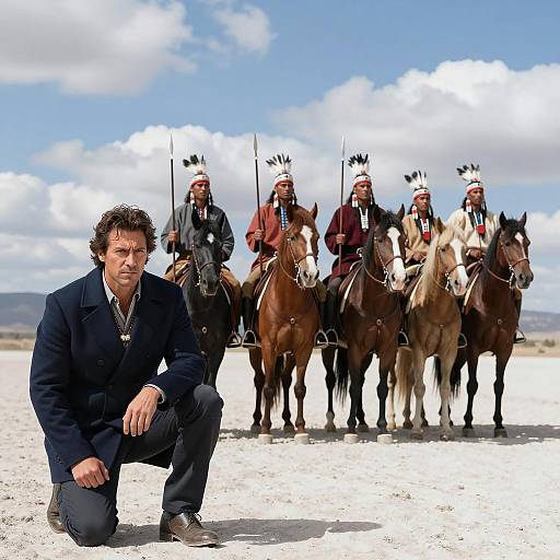 Man Kneeling with Native American Warriors on Horses
