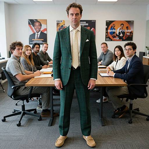 Photograph of a man in a green plaid suit, yellow tie, and beige shoes standing in a conference room with a diverse group seated at a