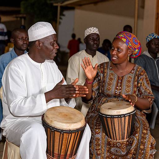 Photograph of two African musicians in traditional attire, one in white, the other in patterned dress, playing djembe drums, engaged in conversation