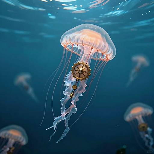 Photograph of a glowing jellyfish with a gear-like mechanism on its bell, surrounded by other jellyfish in a deep blue underwater scene.