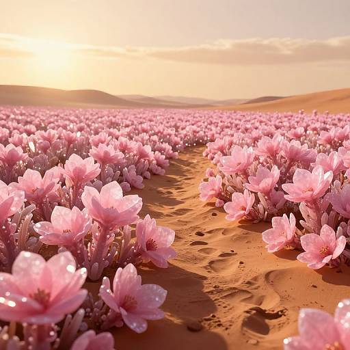 Photorealistic CGI: Pink cherry blossom field at sunset, with a sandy path winding through vibrant flowers, under a warm, golden sky.