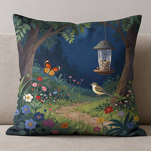 Decorative throw pillow with a detailed, colorful illustration of a nighttime garden. Features a yellow bird, orange butterfly, hanging bird feeder, and vibrant flowers