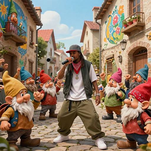 Photograph of a man in a white shirt, green pants, and black vest, singing into a microphone surrounded by gnome statues in a colorful, cob