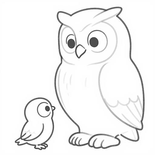 Black and white line drawing of a large owl and small bird, both with round eyes and simple shapes, standing side by side.