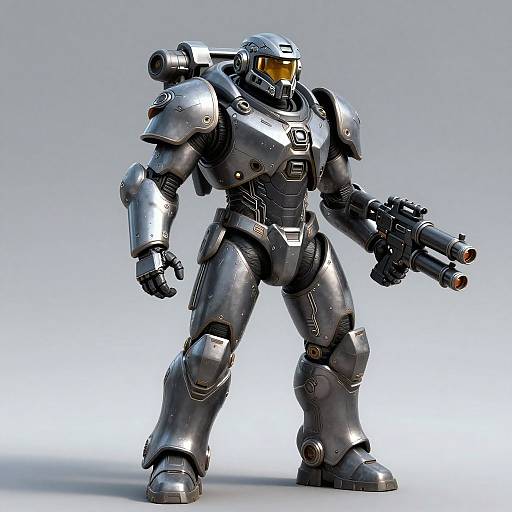 Photorealistic CGI of a futuristic, silver robotic soldier with armored plating, yellow visor, and multi-barrel gun, standing against a plain