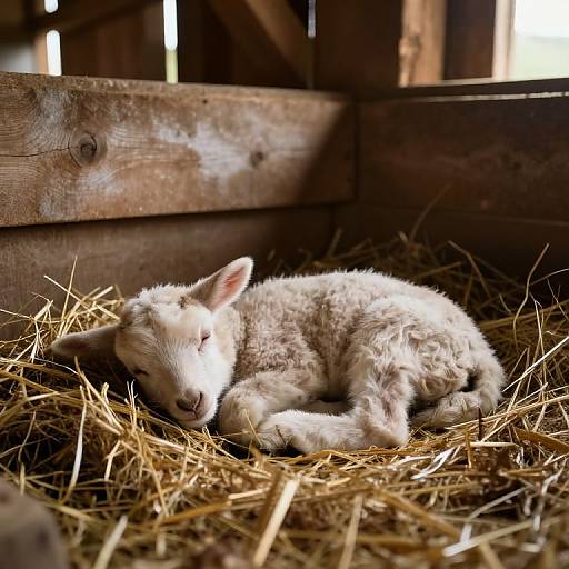 Photograph of a sleepy, white-furred baby lamb lying on a bed of straw in a wooden barn, with soft sunlight filtering through.