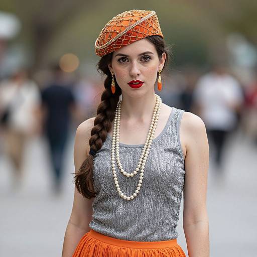 Photograph of a fair-skinned woman with red lipstick, wearing an orange hat, gray tank top, orange skirt, pearl necklace, and orange earrings