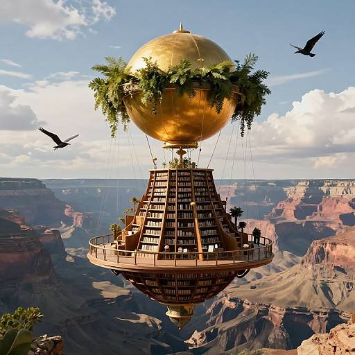 Digital artwork of a golden, spherical airship with lush greenery, books, and a circular observation deck, hovering above the Grand Canyon with two birds