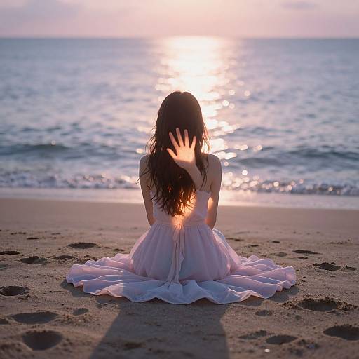 Photograph of a woman with long dark hair, wearing a flowing white dress, sitting on a sandy beach, back to the camera, hand raised,