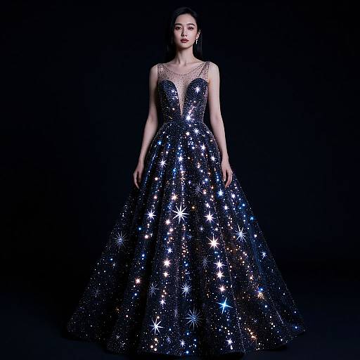 Photograph of an East Asian woman in a black, star-embellished, full-length evening gown with a deep V-neck and wide skirt,