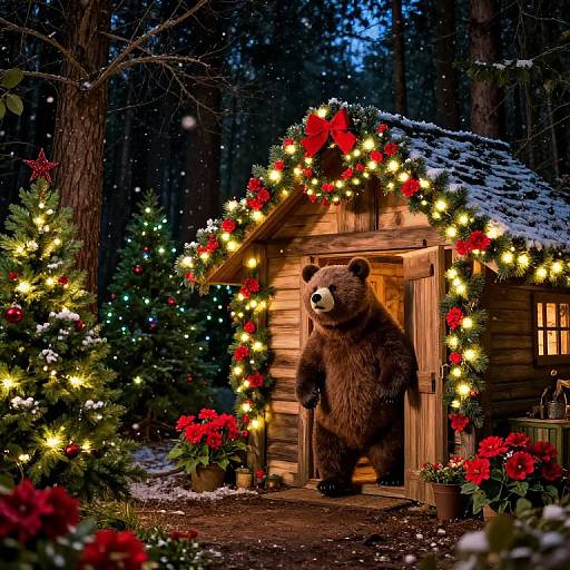Photograph of a brown bear standing in the doorway of a wooden cabin, decorated with Christmas lights and red poinsettias, surrounded by snow-covered