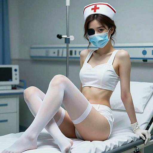Photograph of an Asian woman in white nurse outfit, mask, and stockings, sitting on a hospital bed, background with medical equipment.