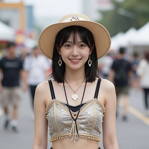 Photograph of an Asian woman with shoulder-length black hair, wearing a straw hat, silver crop top with gold trim, black straps, and dangling earrings