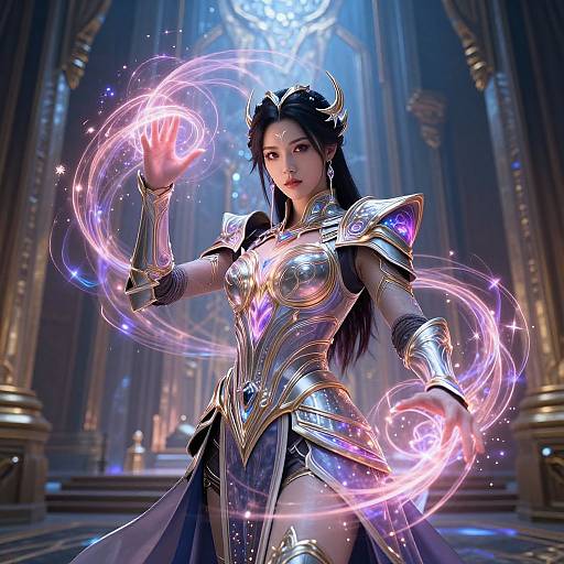 Digital art of a beautiful, armored, dark-haired woman casting magical pink energy circles in a grand, illuminated cathedral.