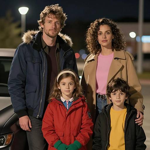 Family of Four Standing by Car at Night