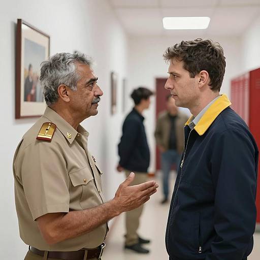 Two Men in a Hallway Conversation