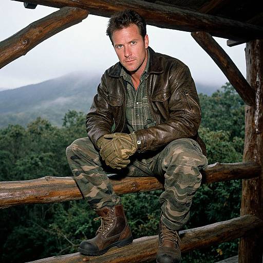 Photograph of a rugged man with short dark hair, wearing a leather jacket, camouflage pants, and gloves, sitting on a wooden structure, with a