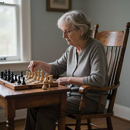 Elderly woman with gray hair and glasses, wearing a gray sweater, plays chess in a sunlit room, seated in a wooden chair.