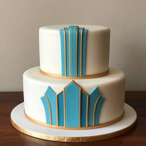 Photograph of a two-tiered white cake with blue and gold geometric decorations, set on a wooden table against a plain wall.