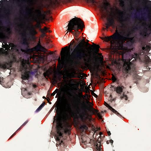 Mystical Samurai Under a Red Moon