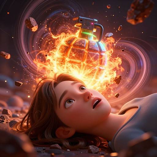 CGI image of a shocked woman with brown hair, lying on a rocky ground, as a fiery, glowing robotic device explodes above her head.