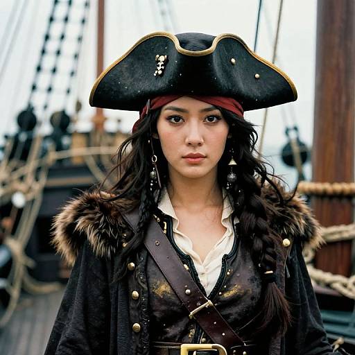 Photograph of a young woman with long dark hair, wearing a pirate captain's tricorn hat, black coat with fur trim, and white shirt,