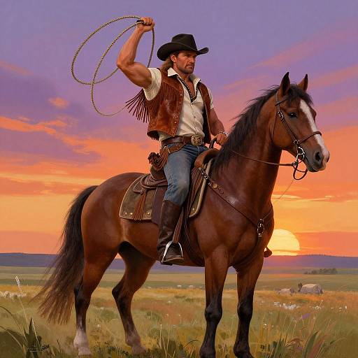 Photograph of muscular cowboy in brown vest, white shirt, and black hat, holding lasso, riding brown horse at sunset over grassy plains.