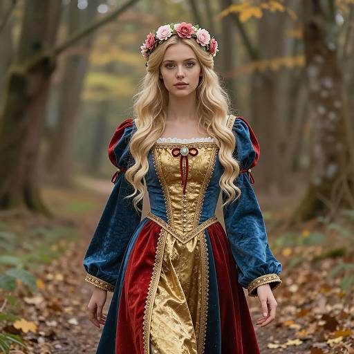 Young Woman in Ornate Medieval Dress with Floral Headband
