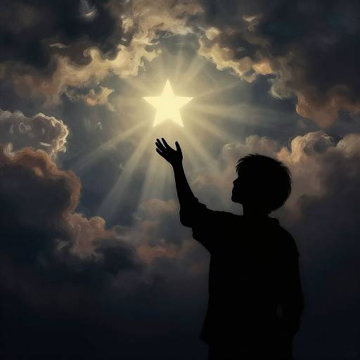 Silhouette of a person with hands raised, sun rays shining through clouds, dramatic sky with dark and light contrasts. Photograph.