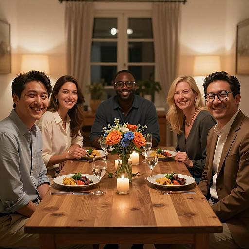 Friends enjoying cozy dinner gathering