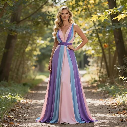 Elegant Woman in Multi-Colored Gown on Forest Path