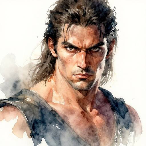 Watercolor-style digital drawing of a intense, dark-haired, muscular man with piercing eyes, wearing a dark sleeveless top, against a white background.