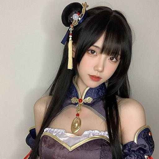 Digital artwork of an Asian woman with long black hair, wearing a traditional Chinese dark purple dress with gold and red accents, and intricate hair ornaments, against