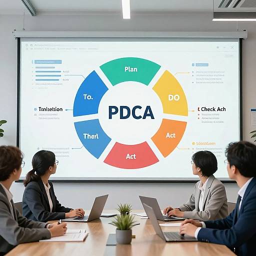 Photograph of four business professionals in suits, seated at a wooden table, attending a presentation of a colorful PDCA (Plan-Do-Check-