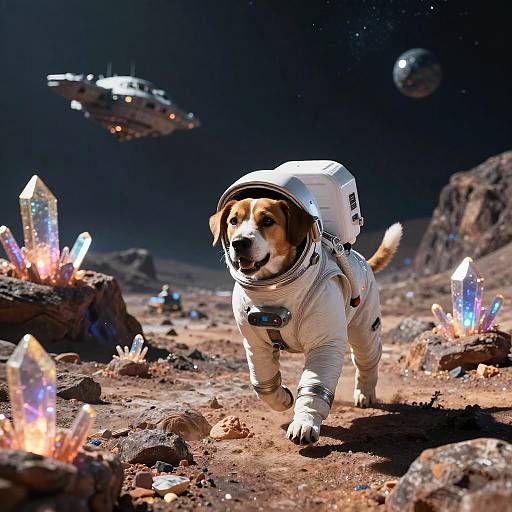 Photorealistic digital artwork of a brown and white dog in a white astronaut suit, walking on a moon-like planet with glowing crystals, spaceships,