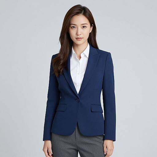 Photograph of an Asian woman with long dark brown hair, wearing a navy blue blazer, white dress shirt, and gray pants, standing against a