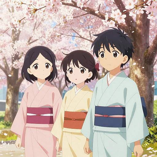 Three anime-style children in traditional kimonos, standing under cherry blossom trees, with soft pink petals falling around them, creating a serene springtime scene