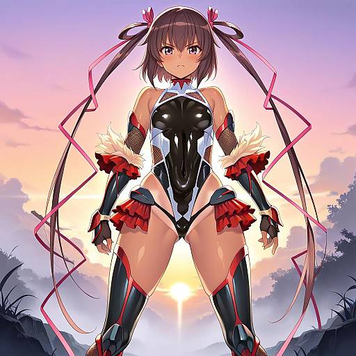 Serious Anime Girl in Armored Taimanin Suit at Sunset