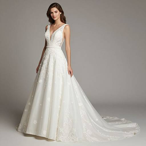 Photograph of a fair-skinned woman with dark brown hair wearing a white, sleeveless, deep V-neck, lace-embellished, ball