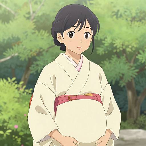 Anime-style digital drawing of a pregnant woman with black hair in a white kimono, pink obi, standing in a lush green forest.