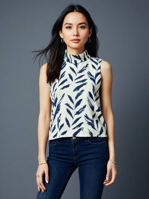 Young Woman in Feather Print Top and Dark Jeans
