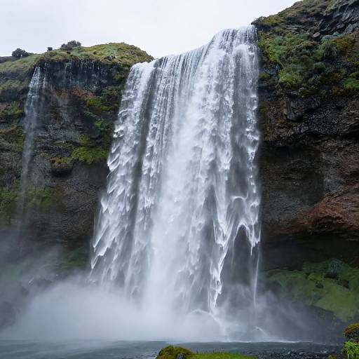 Photograph of a powerful waterfall cascading down a rocky cliff, surrounded by lush greenery, mist rising from the base, and a cloudy white sky