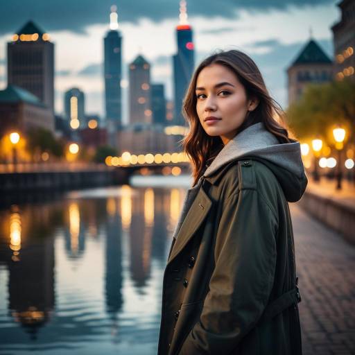 Young Woman by Urban River at Dusk